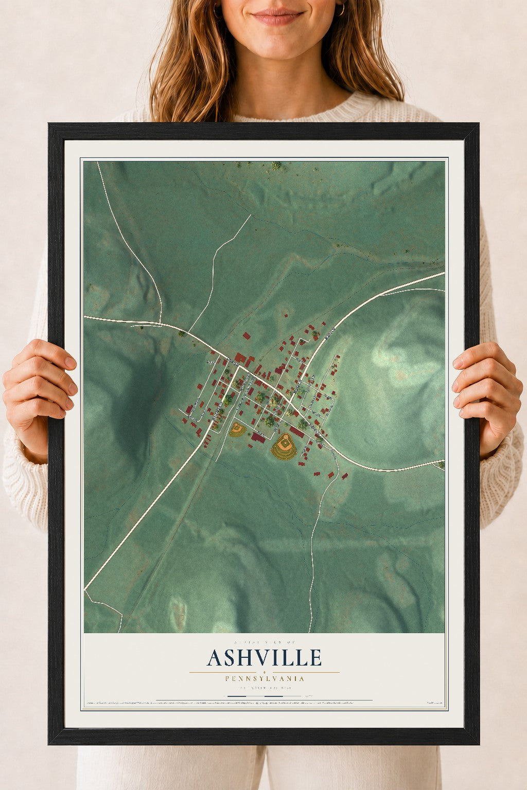 Map of Ashville, Pennsylvania, 18 x 24 inch print in a black wood frame