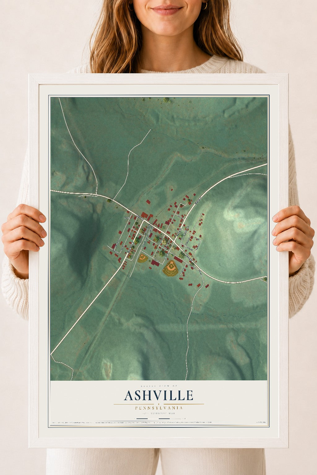 Map of Ashville, Pennsylvania, 18 x 24 inch print in a white wood frame