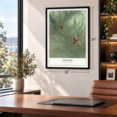 Aspers, Pennsylvania map, 18 x 24 inch print in a black frame in a home office