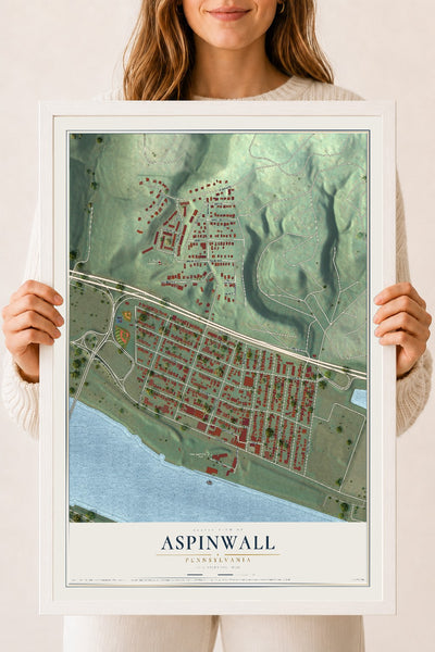 Map of Aspinwall, Pennsylvania, 18 x 24 inch print in a white wood frame