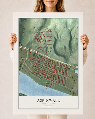 Map of Aspinwall, Pennsylvania, 24 x 36 inch print in a white wood frame