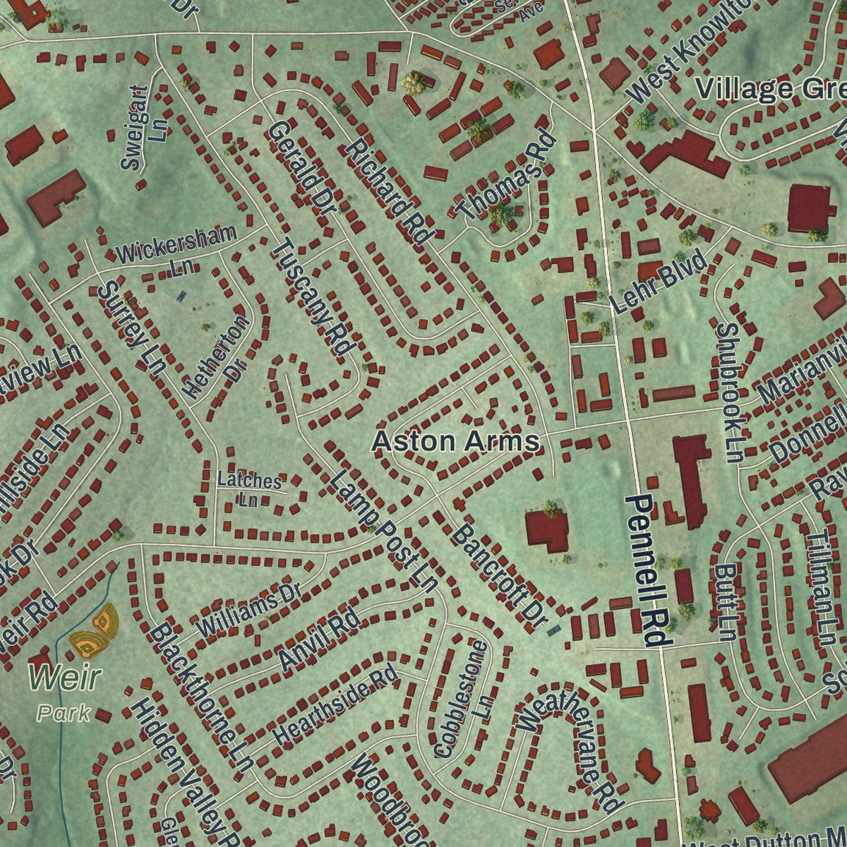 Close-up of the map of Aston, Pennsylvania print showing street and building detail