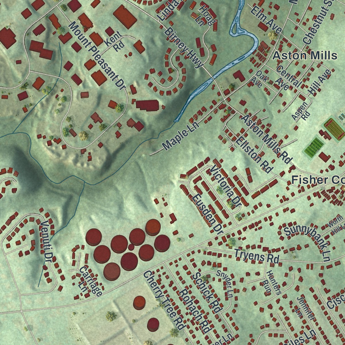 Second close-up of the map of Aston, Pennsylvania print showing more streets and buildings