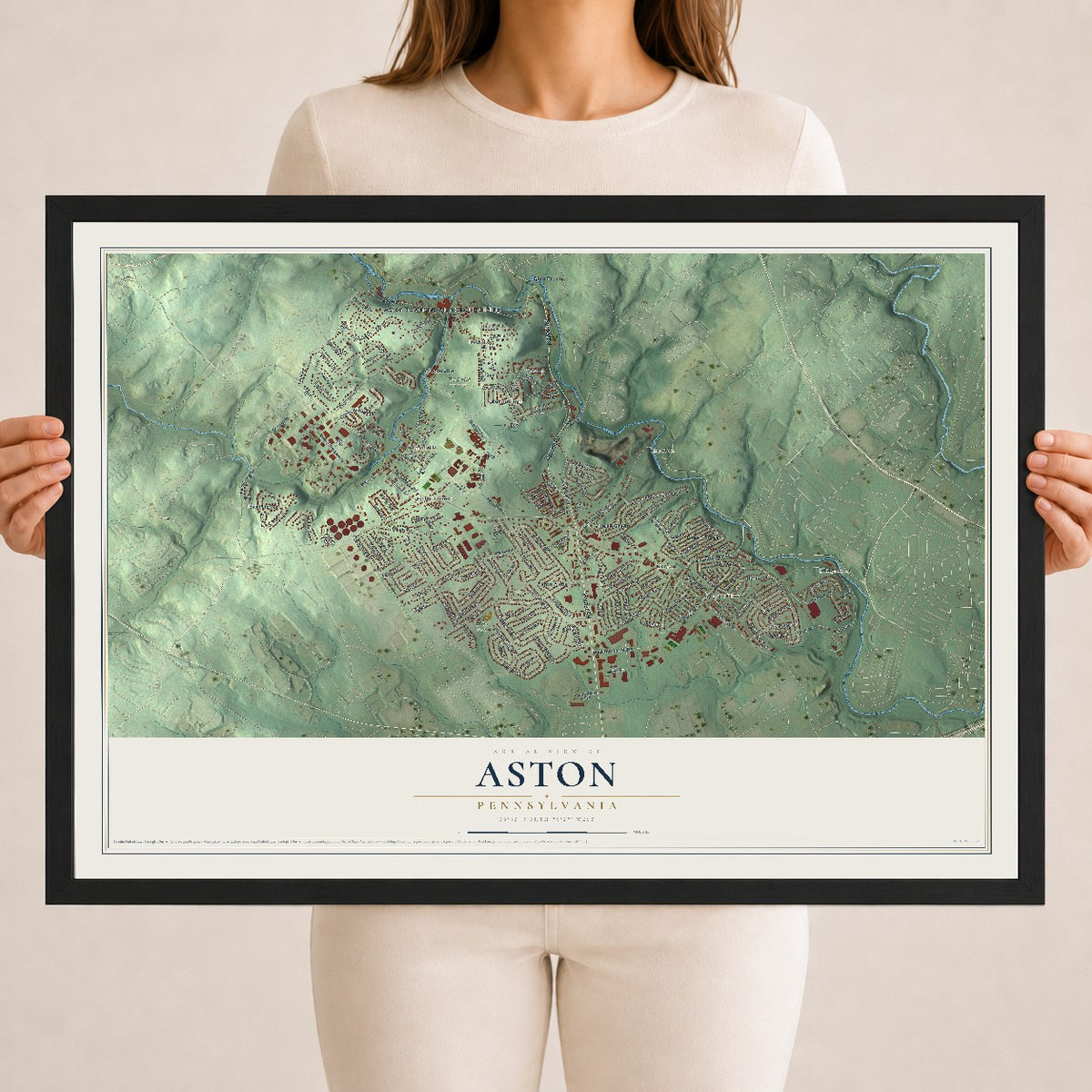 Map of Aston, Pennsylvania, 18 x 24 inch print in a black wood frame
