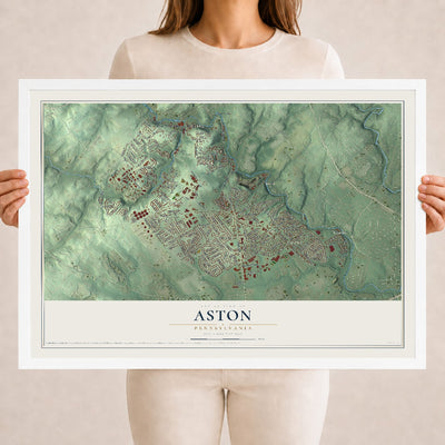 Map of Aston, Pennsylvania, 18 x 24 inch print in a white wood frame