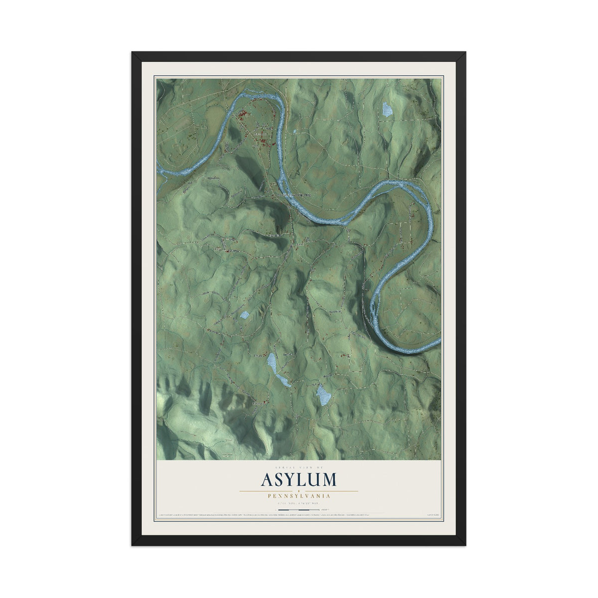 Map of Asylum, Pennsylvania, 12 x 18 inch print in a black wood frame