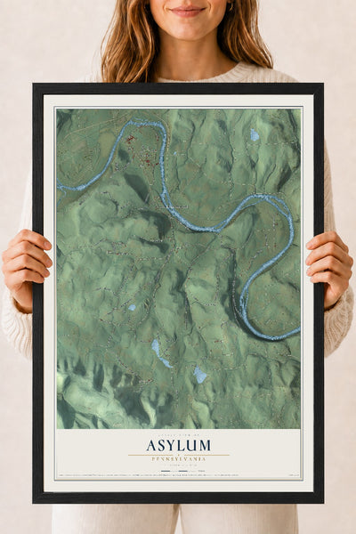 Map of Asylum, Pennsylvania, 18 x 24 inch print in a black wood frame