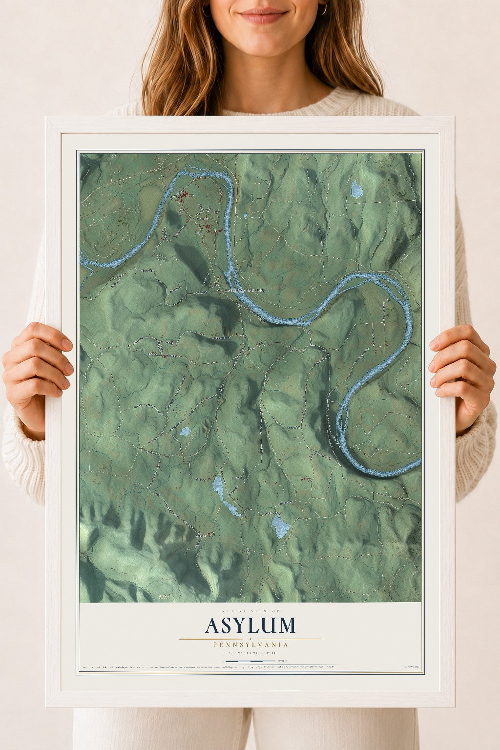 Map of Asylum, Pennsylvania, 18 x 24 inch print in a white wood frame