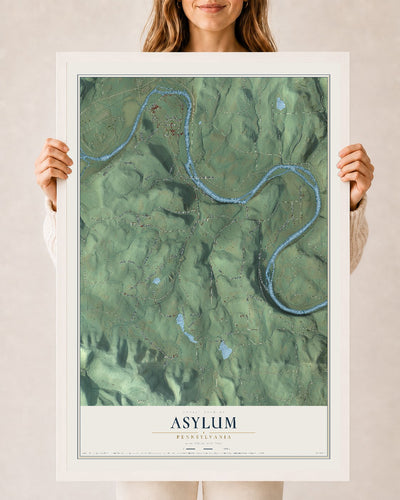 Map of Asylum, Pennsylvania, 24 x 36 inch print in a white wood frame