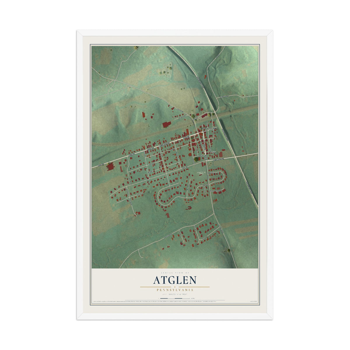 Map of Atglen, Pennsylvania, 12 x 18 inch print in a white wood frame