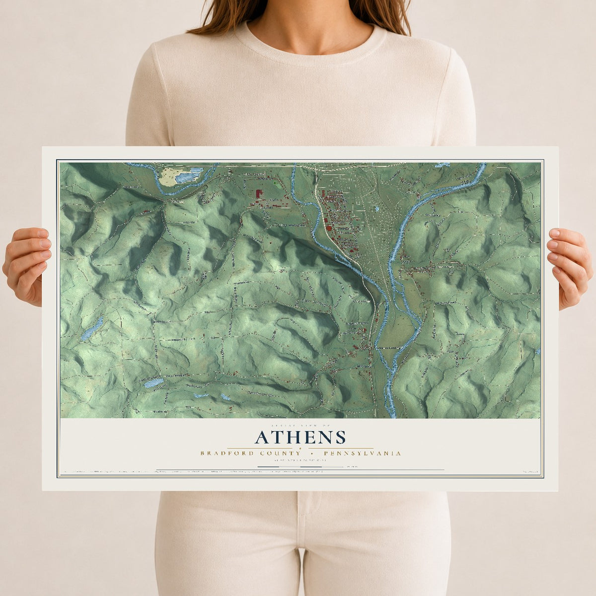 Map of Athens, Bradford County, Pennsylvania, 12 x 18 inch unframed archival matte print