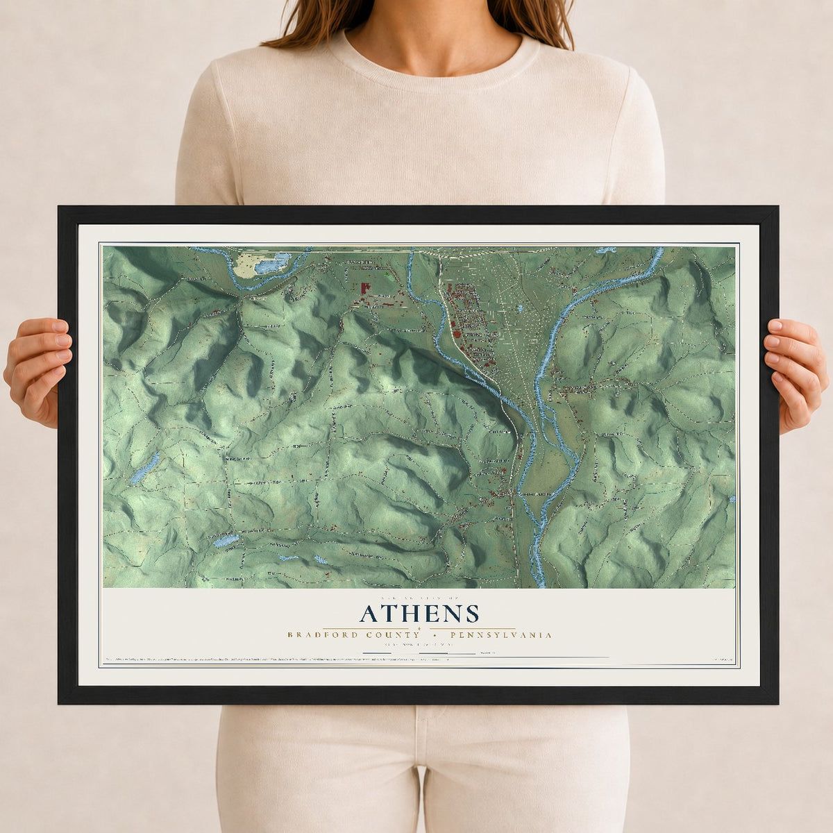 Map of Athens, Bradford County, Pennsylvania, 12 x 18 inch print in a black wood frame