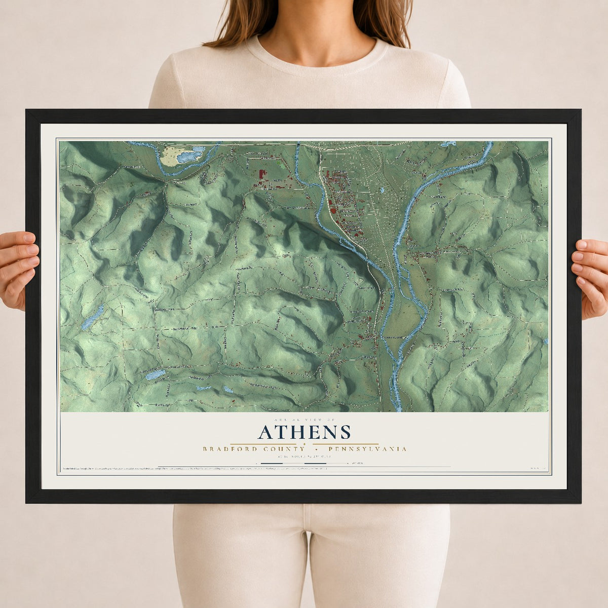 Map of Athens, Bradford County, Pennsylvania, 18 x 24 inch print in a black wood frame