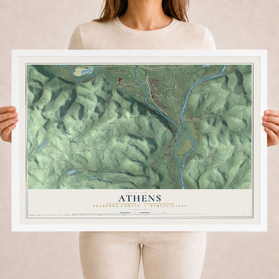 Map of Athens, Bradford County, Pennsylvania, 18 x 24 inch print in a white wood frame