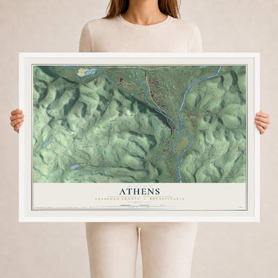 Map of Athens, Bradford County, Pennsylvania, 24 x 36 inch print in a white wood frame