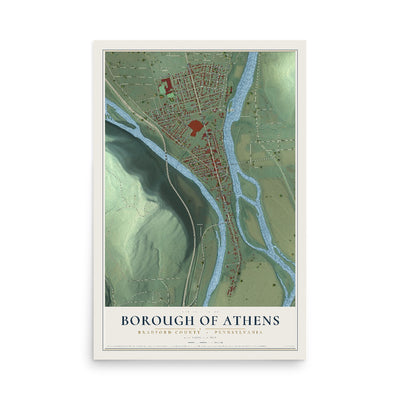 Map of the Borough of Athens, Bradford County, Pennsylvania, 12 x 18 inch unframed archival matte print
