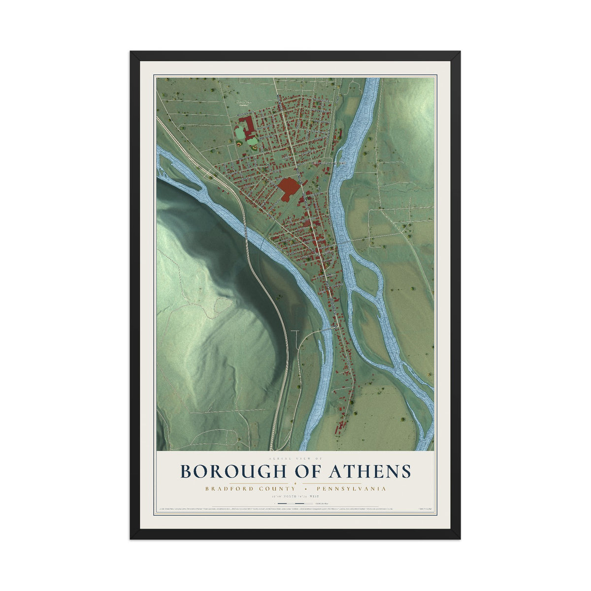 Map of the Borough of Athens, Bradford County, Pennsylvania, 12 x 18 inch print in a black wood frame
