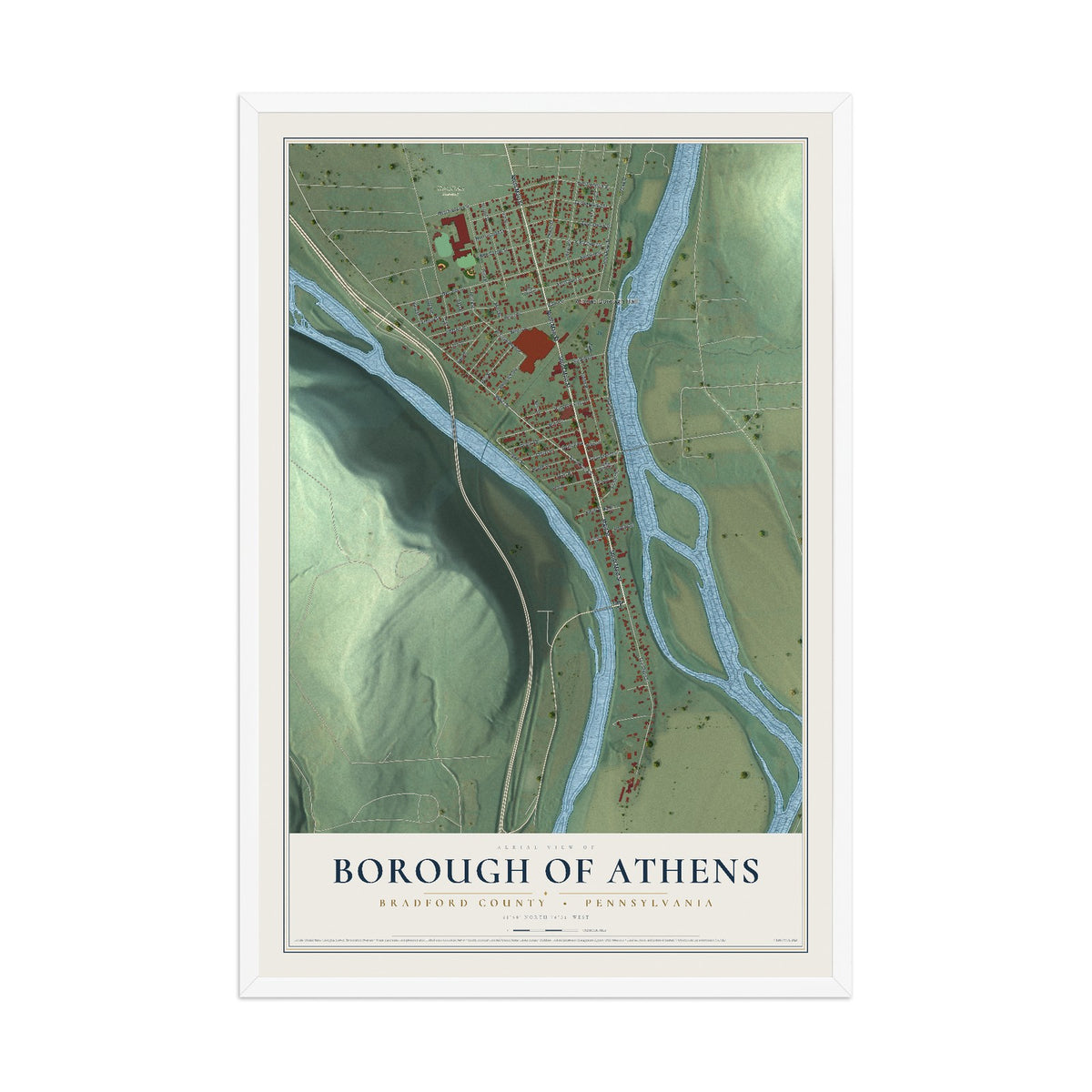 Map of the Borough of Athens, Bradford County, Pennsylvania, 12 x 18 inch print in a white wood frame