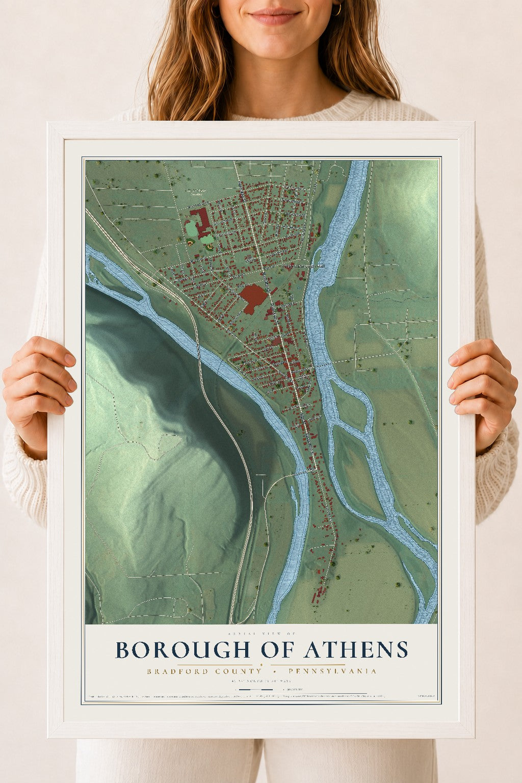 Map of the Borough of Athens, Bradford County, Pennsylvania, 18 x 24 inch print in a white wood frame