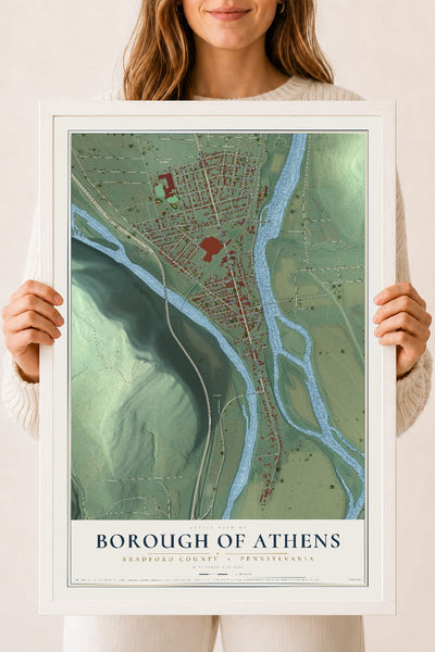 Map of the Borough of Athens, Bradford County, Pennsylvania, 18 x 24 inch print in a white wood frame