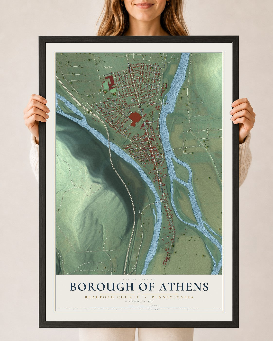 Map of the Borough of Athens, Bradford County, Pennsylvania, 24 x 36 inch print in a black wood frame