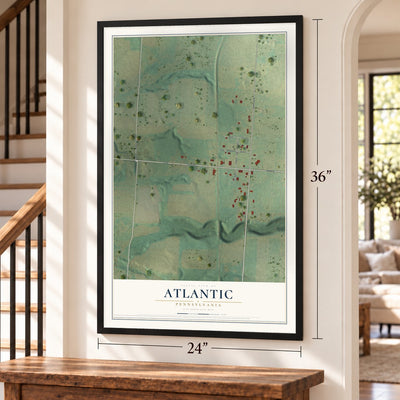 Atlantic, Pennsylvania map, 24 x 36 inch print in a black frame by a staircase