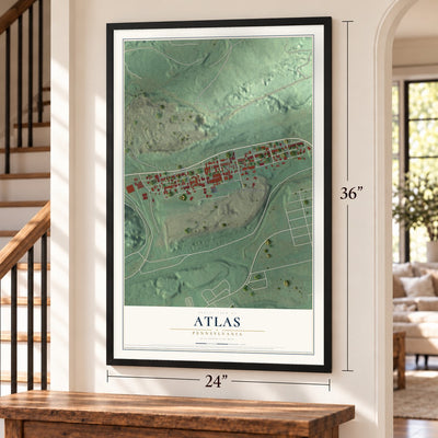 Atlas, Pennsylvania map, 24 x 36 inch print in a black frame by a staircase