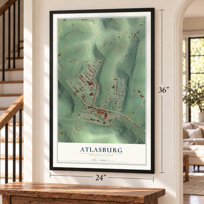 Atlasburg, Pennsylvania map, 24 x 36 inch print in a black frame by a staircase