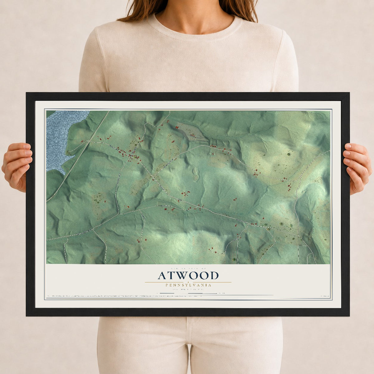 Map of Atwood, Pennsylvania, 12 x 18 inch print in a black wood frame