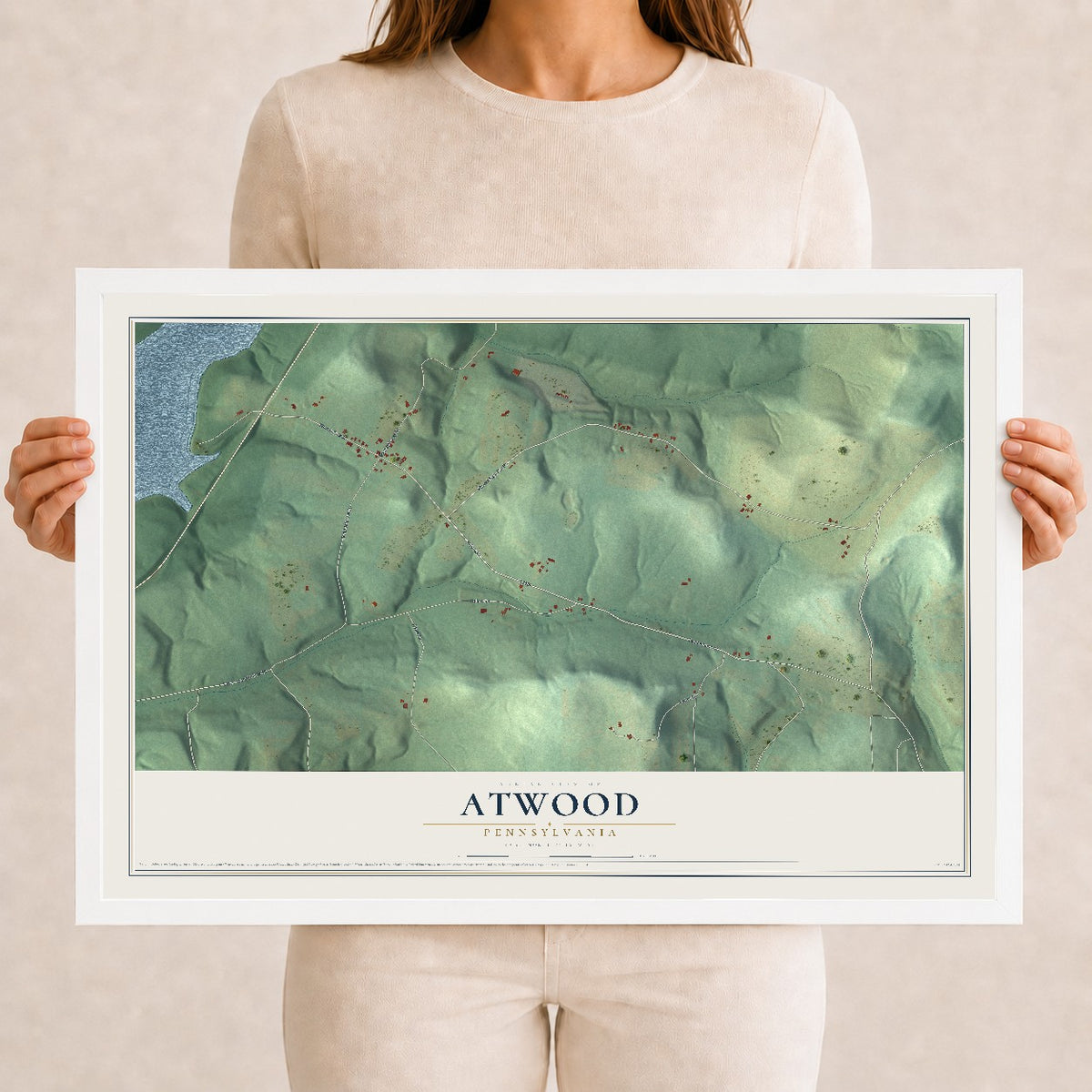 Map of Atwood, Pennsylvania, 12 x 18 inch print in a white wood frame