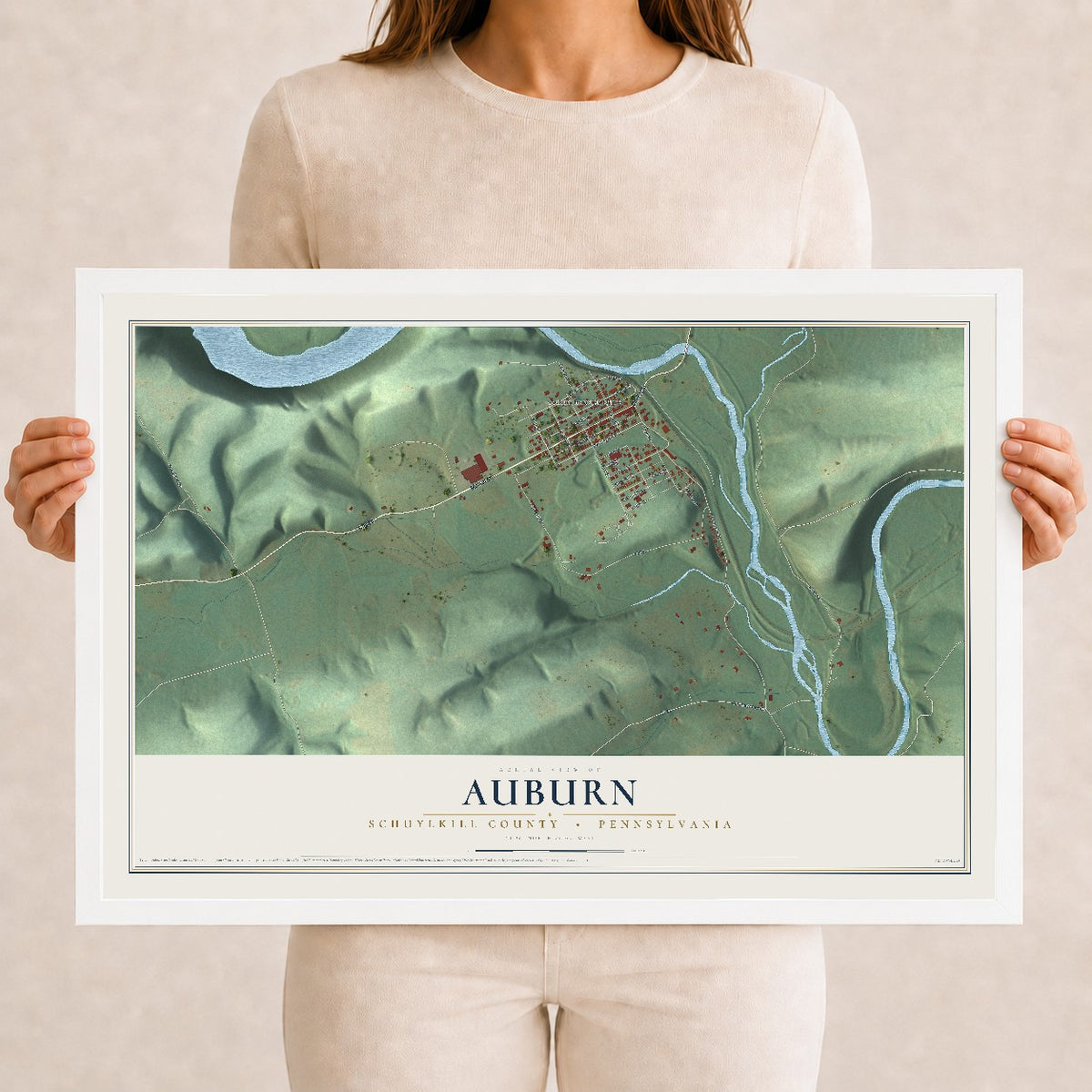 Map of Auburn, Schuylkill County, Pennsylvania, 12 x 18 inch print in a white wood frame