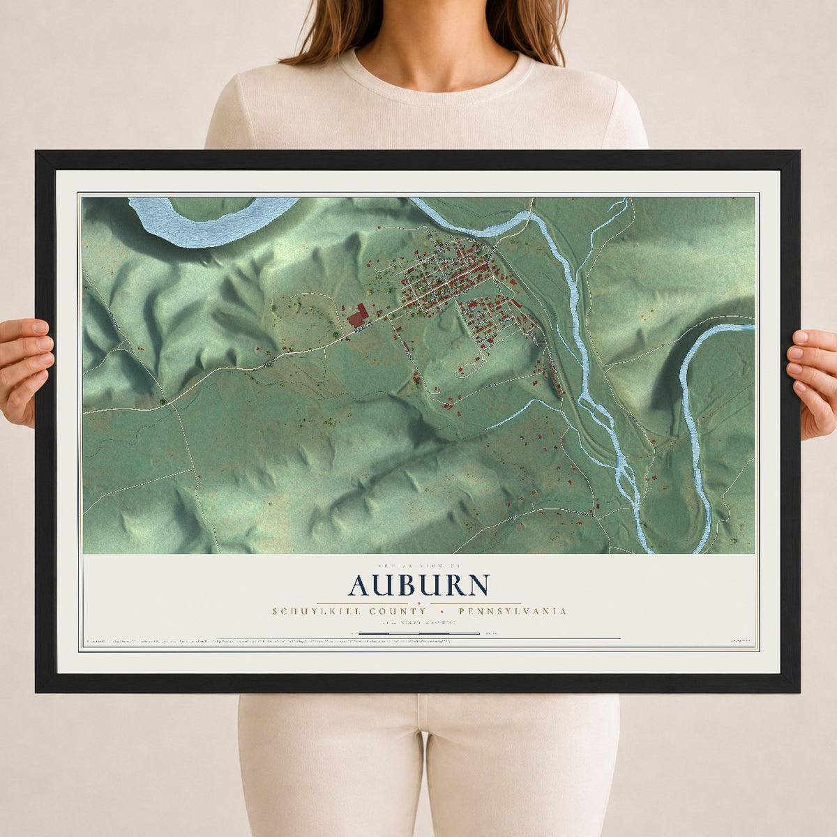 Map of Auburn, Schuylkill County, Pennsylvania, 18 x 24 inch print in a black wood frame