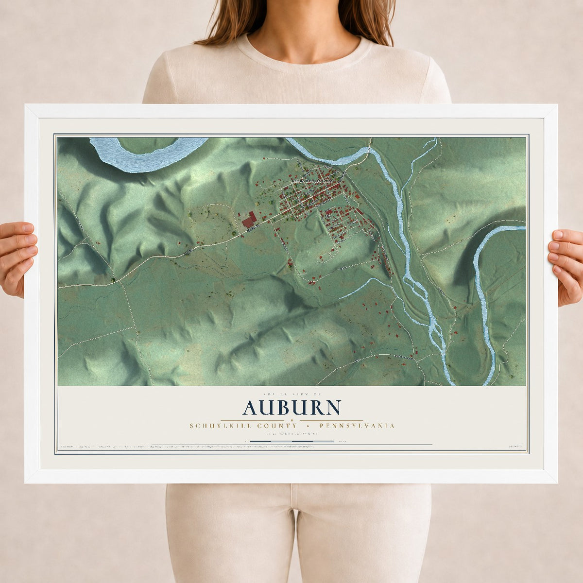 Map of Auburn, Schuylkill County, Pennsylvania, 18 x 24 inch print in a white wood frame