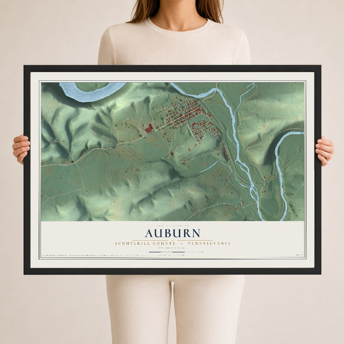 Map of Auburn, Schuylkill County, Pennsylvania, 24 x 36 inch print in a black wood frame