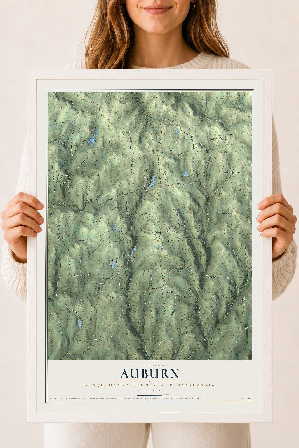 Map of Auburn, Susquehanna County, Pennsylvania, 18 x 24 inch print in a white wood frame