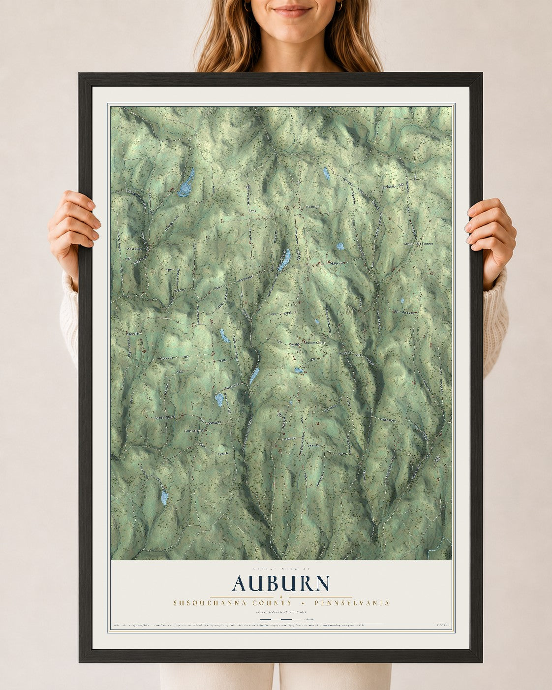 Map of Auburn, Susquehanna County, Pennsylvania, 24 x 36 inch print in a black wood frame