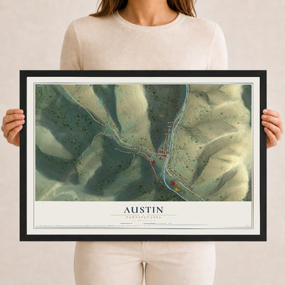 Map of Austin, Pennsylvania, 12 x 18 inch print in a black wood frame