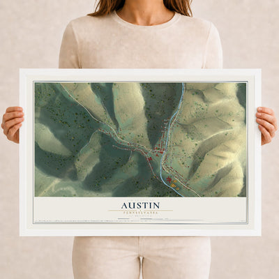 Map of Austin, Pennsylvania, 12 x 18 inch print in a white wood frame