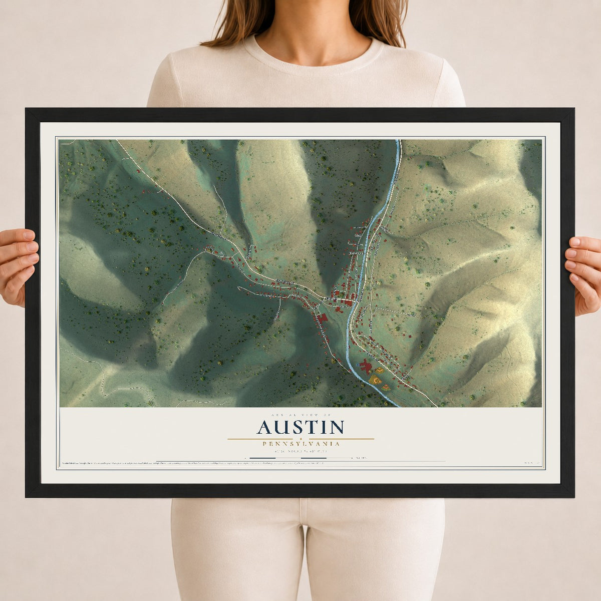Map of Austin, Pennsylvania, 18 x 24 inch print in a black wood frame