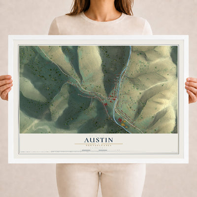 Map of Austin, Pennsylvania, 18 x 24 inch print in a white wood frame