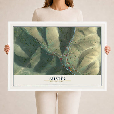 Map of Austin, Pennsylvania, 24 x 36 inch print in a white wood frame