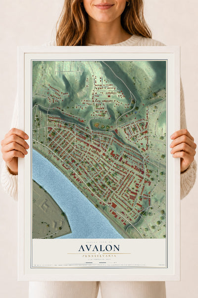 Map of Avalon, Pennsylvania, 18 x 24 inch print in a white wood frame