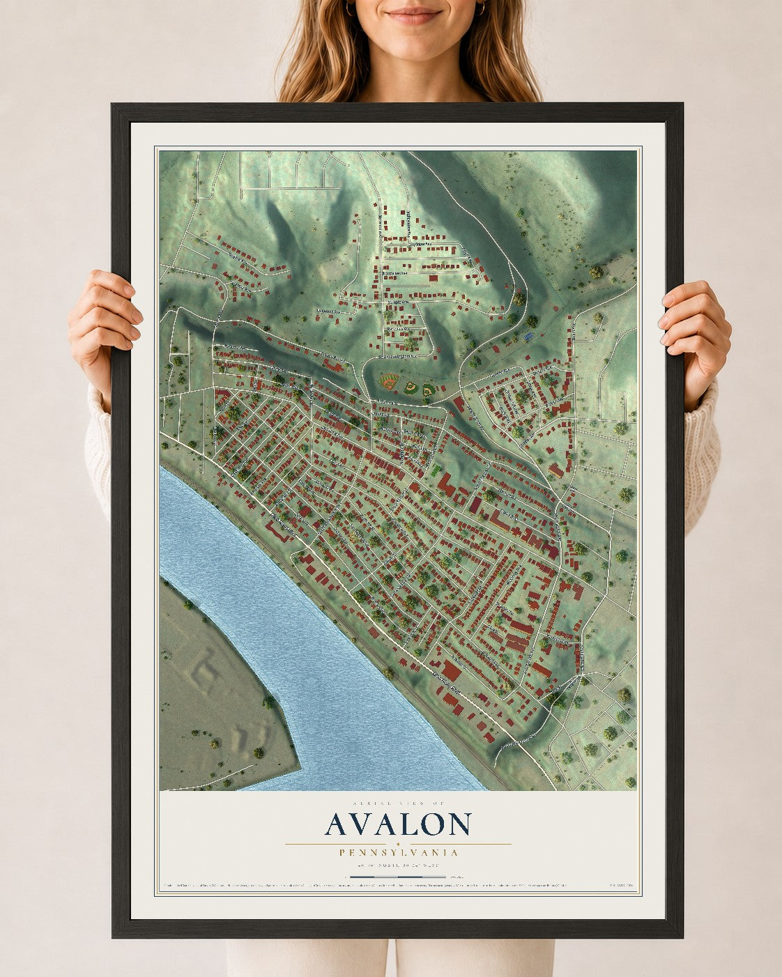Map of Avalon, Pennsylvania, 24 x 36 inch print in a black wood frame