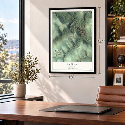 Avella, Pennsylvania map, 18 x 24 inch print in a black frame in a home office