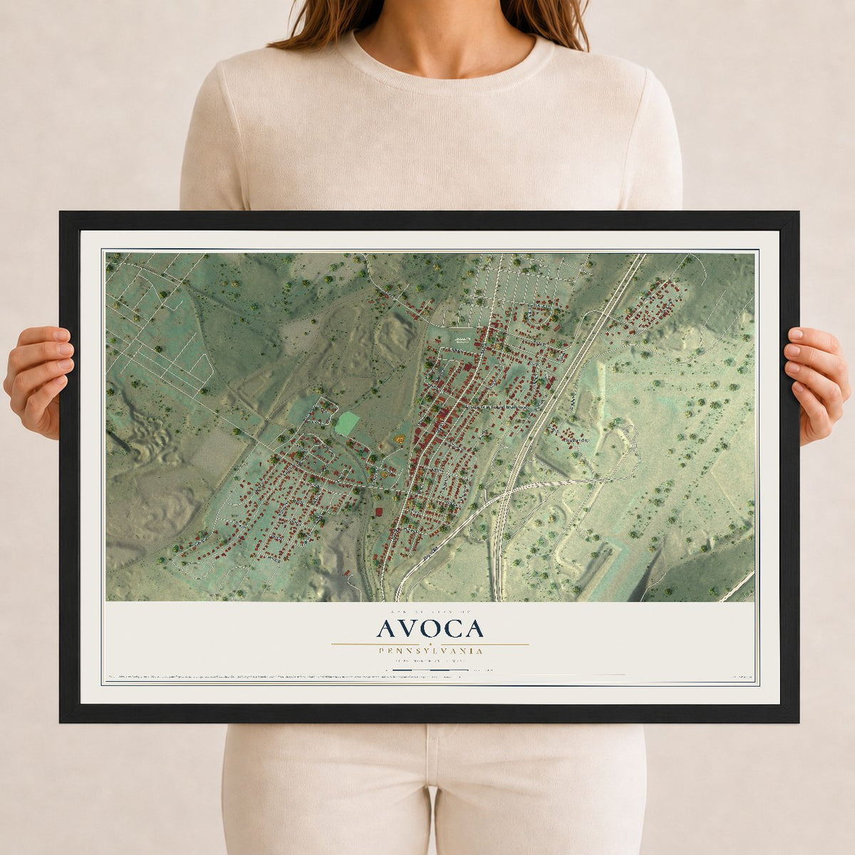 Map of Avoca, Pennsylvania, 12 x 18 inch print in a black wood frame