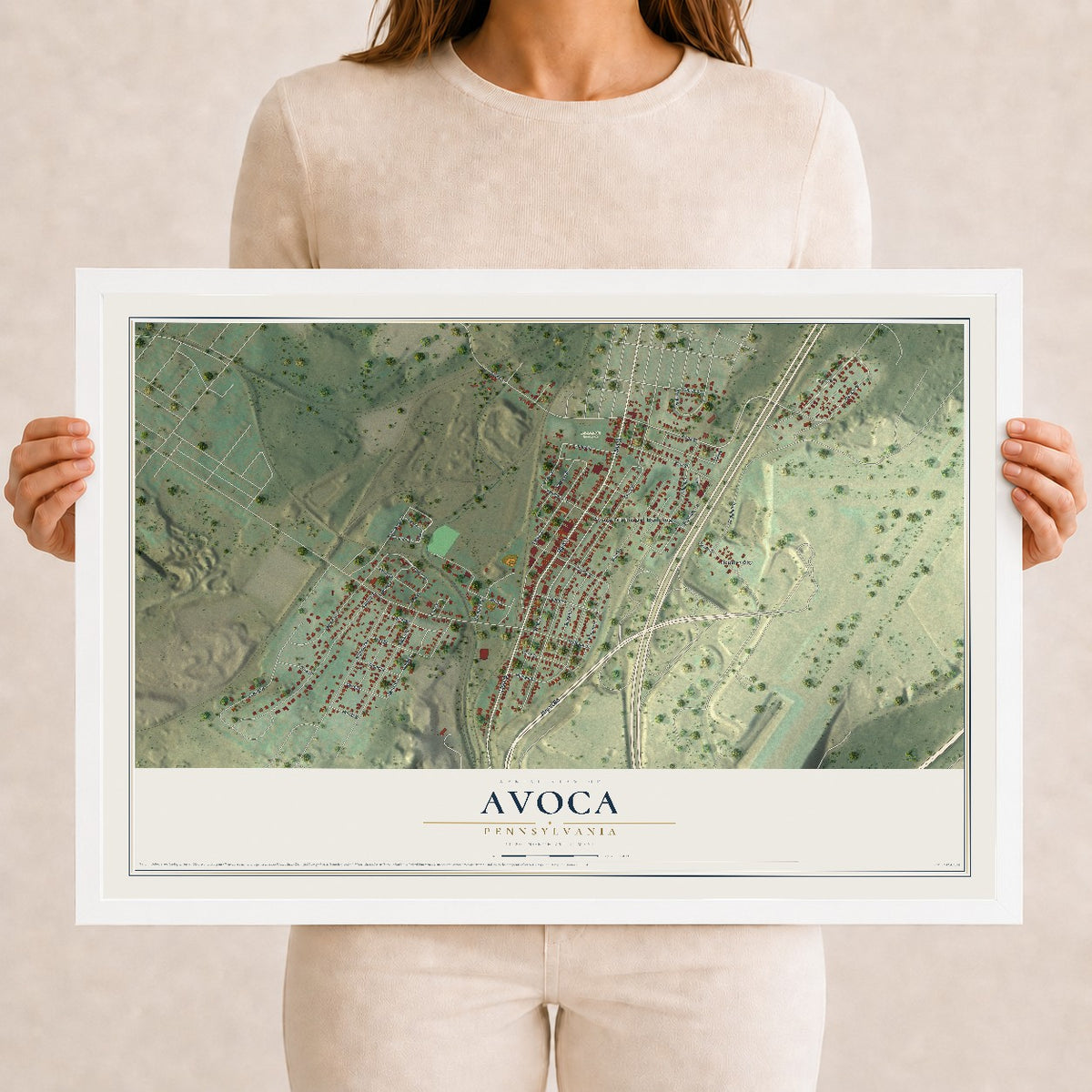Map of Avoca, Pennsylvania, 12 x 18 inch print in a white wood frame