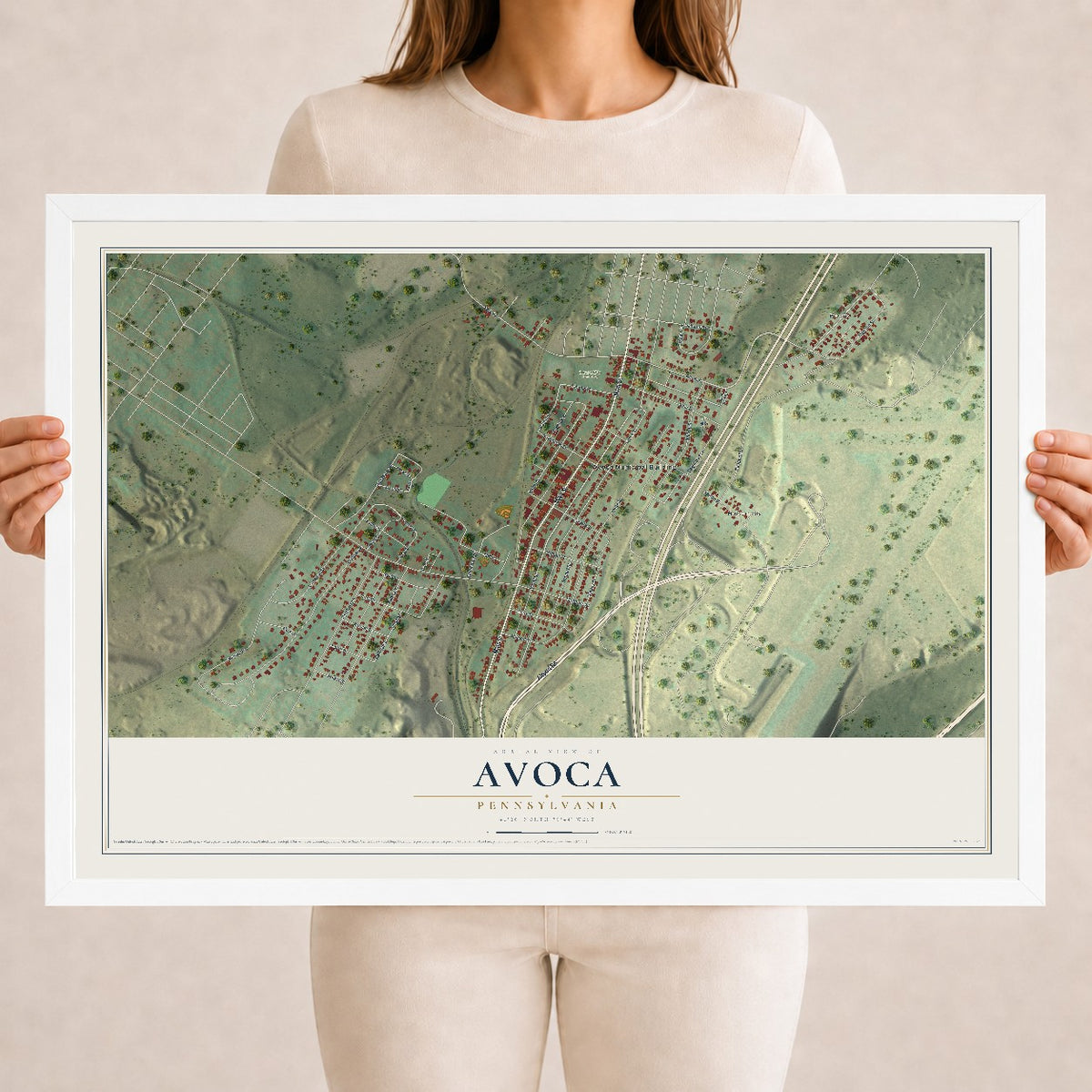 Map of Avoca, Pennsylvania, 18 x 24 inch print in a white wood frame