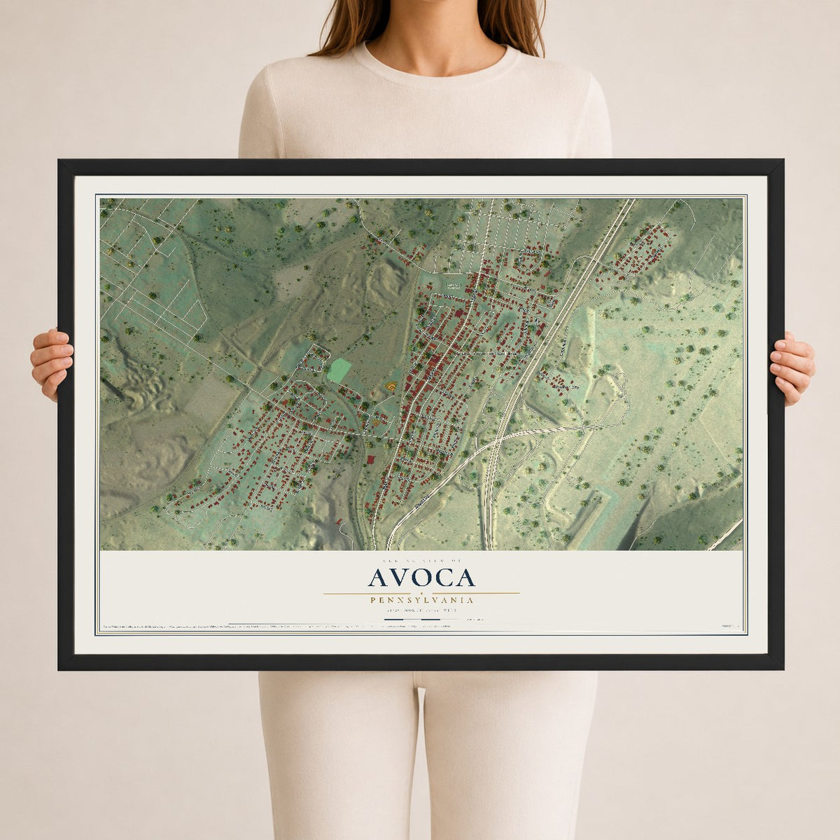 Map of Avoca, Pennsylvania, 24 x 36 inch print in a black wood frame