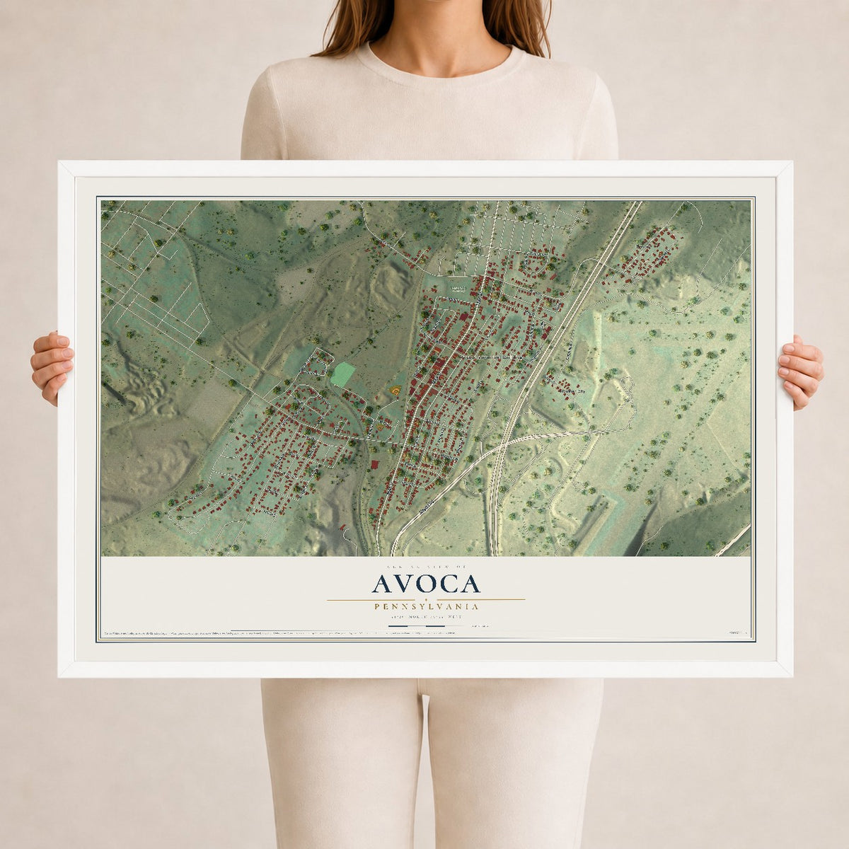 Map of Avoca, Pennsylvania, 24 x 36 inch print in a white wood frame