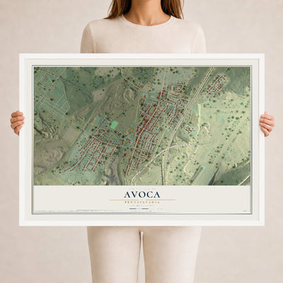 Map of Avoca, Pennsylvania, 24 x 36 inch print in a white wood frame